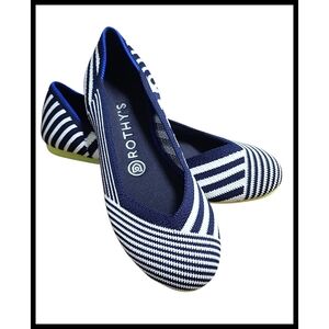 Rothy's Mixed Stripe Round Toe Flats Retired Discontinued Navy White Size 7.5
